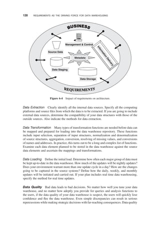 Data Extraction Clearly identify all the internal data sources. Specify all the computing
platforms and source ﬁles from which the data is to be extracted. If you are going to include
external data sources, determine the compatibility of your data structures with those of the
outside sources. Also indicate the methods for data extraction.
Data Transformation Many types of transformation functions are needed before data can
be mapped and prepared for loading into the data warehouse repository. These functions
include input selection, separation of input structures, normalization and denormalization
of source structures, aggregation, conversion, resolving of missing values, and conversions
of names and addresses. In practice, this turns out to be a long and complex list of functions.
Examine each data element planned to be stored in the data warehouse against the source
data elements and ascertain the mappings and transformations.
Data Loading Deﬁne the initial load. Determine how often each major group of data must
be kept up-to-date in the data warehouse. How much of the updates will be nightly updates?
Does your environment warrant more than one update cycle in a day? How are the changes
going to be captured in the source systems? Deﬁne how the daily, weekly, and monthly
updates will be initiated and carried out. If your plan includes real time data warehousing,
specify the method for real time updates.
Data Quality Bad data leads to bad decisions. No matter how well you tune your data
warehouse, and no matter how adeptly you provide for queries and analysis functions to
the users, if the data quality of your data warehouse is suspect, the users will quickly lose
conﬁdence and ﬂee the data warehouse. Even simple discrepancies can result in serious
repercussions while making strategic decisions with far-reaching consequences. Data quality
Management & Control
Source Data
Data Staging
Data Storage
I
n
f
o
r
m
a
t
i
o
n
D
e
l
i
v
e
r
y
Metadata
Figure 6-4 Impact of requirements on architecture.
128 REQUIREMENTS AS THE DRIVING FORCE FOR DATA WAREHOUSING
 