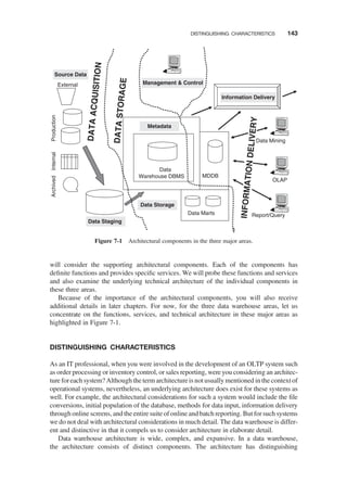 will consider the supporting architectural components. Each of the components has
deﬁnite functions and provides speciﬁc services. We will probe these functions and services
and also examine the underlying technical architecture of the individual components in
these three areas.
Because of the importance of the architectural components, you will also receive
additional details in later chapters. For now, for the three data warehouse areas, let us
concentrate on the functions, services, and technical architecture in these major areas as
highlighted in Figure 7-1.
DISTINGUISHING CHARACTERISTICS
As an IT professional, when you were involved in the development of an OLTP system such
as order processing or inventory control, or sales reporting, were you considering an architec-
ture foreach system? Although the term architecture is not usually mentioned in the context of
operational systems, nevertheless, an underlying architecture does exist for these systems as
well. For example, the architectural considerations for such a system would include the ﬁle
conversions, initial population of the database, methods for data input, information delivery
through online screens, and the entire suite of online and batch reporting. But for such systems
we do not deal with architectural considerations in much detail. The data warehouse is differ-
ent and distinctive in that it compels us to consider architecture in elaborate detail.
Data warehouse architecture is wide, complex, and expansive. In a data warehouse,
the architecture consists of distinct components. The architecture has distinguishing
Data
Warehouse DBMS
Data Marts
MDDB
External
Production
Report/Query
OLAP
Data Mining
Source Data
Internal
Archived
Data Staging
Data Storage
Metadata
Management & Control
Information Delivery
D
A
T
A
A
C
Q
U
IS
IT
IO
N
D
A
T
A
S
T
O
R
A
G
E
IN
F
O
R
M
A
T
IO
N
D
E
L
IV
E
R
Y
Figure 7-1 Architectural components in the three major areas.
DISTINGUISHING CHARACTERISTICS 143
 