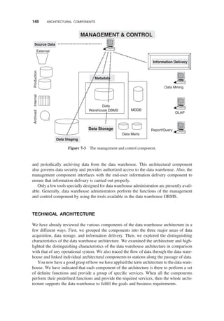 and periodically archiving data from the data warehouse. This architectural component
also governs data security and provides authorized access to the data warehouse. Also, the
management component interfaces with the end-user information delivery component to
ensure that information delivery is carried out properly.
Only a few tools specially designed for data warehouse administration arc presently avail-
able. Generally, data warehouse administrators perform the functions of the management
and control component by using the tools available in the data warehouse DBMS.
TECHNICAL ARCHITECTURE
We have already reviewed the various components of the data warehouse architecture in a
few different ways. First, we grouped the components into the three major areas of data
acquisition, data storage, and information delivery. Then, we explored the distinguishing
characteristics of the data warehouse architecture. We examined the architecture and high-
lighted the distinguishing characteristics of the data warehouse architecture in comparison
with that of any operational system. We also traced the ﬂow of data through the data ware-
house and linked individual architectural components to stations along the passage of data.
You now have a good grasp of how we have applied the term architecture to the data ware-
house. We have indicated that each component of the architecture is there to perform a set
of deﬁnite functions and provide a group of speciﬁc services. When all the components
perform their predeﬁned functions and provide the required services, then the whole archi-
tecture supports the data warehouse to fulﬁll the goals and business requirements.
Data
Warehouse DBMS
Data Marts
MDDB
External
Production
Report/Query
OLAP
Data Mining
Source Data
Internal
Archived
Data Staging
Data Storage
Metadata
MANAGEMENT & CONTROL
Information Delivery
Figure 7-3 The management and control component.
148 ARCHITECTURAL COMPONENTS
 
