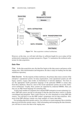 However, at this time, we will deal with these in sufﬁcient length for you to place all the
architectural components in proper perspective. Figure 7-4 summarizes the technical archi-
tecture for data acquisition.
Data Flow
Flow In the data acquisition area, the data ﬂow begins at the data sources and pauses at the
staging area. After transformation and integration, the data is ready for loading into the data
warehouse repository.
Data Sources For the majority of data warehouses, the primary data source consists of the
enterprise’s operational systems. In many organizations, some operational systems are still
legacy systems. Legacy data resides on hierarchical or network databases. You have to
use the appropriate fourth generation language of the particular DBMS to extract data
from these databases. However, most of the recent operational systems run on the client/
server architecture. Usually, these systems are supported by relational DBMSs. Here you
may use an SQL-based language for extracting data.
A fairly large number of companies have adopted ERP (enterprise resource planning) sys-
tems. ERP data sources provide an advantage in that the data from these sources is already
consolidated and integrated. There could, however, be a few drawbacks to using ERP data
sources. You will have to use the ERP vendor’s proprietary tool for data extraction. Also,
most of the ERP offerings contain very large numbers of source data tables.
For including data from outside sources, you will have to create temporary ﬁles to hold the
data received from the outside sources. After reformatting and rearranging the data elements,
you will have to move the data to the staging area.
External
Production
Source Data
Internal
Archived
Data Staging
Management & Control
Metadata
Relational DB
or Flat Files
Intermediary
Flat Files
DATA EXTRACTION
DATA STAGING
DATA TRANSFORMATION
Figure 7-4 Data acquisition: technical architecture.
150 ARCHITECTURAL COMPONENTS
 