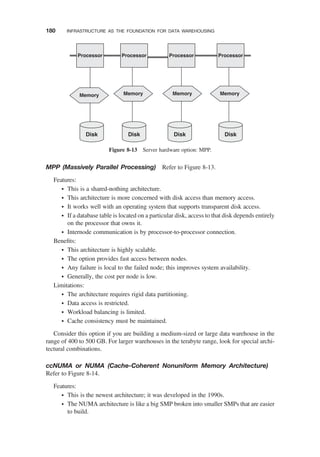 MPP (Massively Parallel Processing) Refer to Figure 8-13.
Features:
† This is a shared-nothing architecture.
† This architecture is more concerned with disk access than memory access.
† It works well with an operating system that supports transparent disk access.
† If a database table is located on a particular disk, access to that disk depends entirely
on the processor that owns it.
† Internode communication is by processor-to-processor connection.
Beneﬁts:
† This architecture is highly scalable.
† The option provides fast access between nodes.
† Any failure is local to the failed node; this improves system availability.
† Generally, the cost per node is low.
Limitations:
† The architecture requires rigid data partitioning.
† Data access is restricted.
† Workload balancing is limited.
† Cache consistency must be maintained.
Consider this option if you are building a medium-sized or large data warehouse in the
range of 400 to 500 GB. For larger warehouses in the terabyte range, look for special archi-
tectural combinations.
ccNUMA or NUMA (Cache-Coherent Nonuniform Memory Architecture)
Refer to Figure 8-14.
Features:
† This is the newest architecture; it was developed in the 1990s.
† The NUMA architecture is like a big SMP broken into smaller SMPs that are easier
to build.
Processor Processor Processor Processor
Memory Memory Memory Memory
Disk Disk Disk Disk
Figure 8-13 Server hardware option: MPP.
180 INFRASTRUCTURE AS THE FOUNDATION FOR DATA WAREHOUSING
 