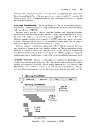 operations; these operations are carried out in this order. Each operation must ﬁnish before
the next one can begin. Parts of the same query do not execute in parallel. To overcome this
limitation, many DBMS vendors have come up with versions of their products to provide
intraquery parallelization.
Intraquery Parallelization We will use Figure 8-15 for our discussion of intraquery
parallelization. Understanding this will help you to match your choice of server hardware
with your selection of RDBMS.
Let us say a query from one of your users consists of an index read, a data read, a data join,
and a data sort from the data warehouse database. A serial processing DBMS will process
this query in the sequence of these base operations and produce the result set. However,
while this query is executing on one processor in the SMP system, other queries can execute
in parallel. This method is the interquery parallelization discussed above. The ﬁrst group of
operations in Figure 8-15 illustrates this method of execution.
Using the intraquery parallelization technique, the DBMS splits the query into the lower-
level operations of index read, data read, data join, and data sort. Then each one of these basic
operations is executed in parallel on a single processor. The ﬁnal result set is the consolida-
tion of the intermediary results. Let us review three ways a DBMS can provide intraquery
parallelization, that is, parallelization of parts of the operations within the same query itself.
Horizontal Parallelism The data is partitioned across multiple disks. Parallel processing
occurs within each single task in the query; for example, data read, which is performed on
multiple processors concurrently on different sets of data to be read from multiple disks.
After the ﬁrst task is completed from all of the relevant parts of the partitioned data, the
next task of that query is carried out, and then the next one after that task, and so on. The
Interquery Parallelization
Index Read Data Read Join Sort
Intraquery Parallelization
Execution Time
Serial
Processing
CASE A:
Horizontal
Partitioning
CASE B:
Vertical
Partitioning
CASE C:
Hybrid
Method
Figure 8-15 Query parallelization by DBMS.
DATABASE SOFTWARE 183
 