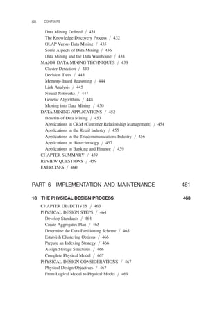 Data Mining Deﬁned / 431
The Knowledge Discovery Process / 432
OLAP Versus Data Mining / 435
Some Aspects of Data Mining / 436
Data Mining and the Data Warehouse / 438
MAJOR DATA MINING TECHNIQUES / 439
Cluster Detection / 440
Decision Trees / 443
Memory-Based Reasoning / 444
Link Analysis / 445
Neural Networks / 447
Genetic Algorithms / 448
Moving into Data Mining / 450
DATA MINING APPLICATIONS / 452
Beneﬁts of Data Mining / 453
Applications in CRM (Customer Relationship Management) / 454
Applications in the Retail Industry / 455
Applications in the Telecommunications Industry / 456
Applications in Biotechnology / 457
Applications in Banking and Finance / 459
CHAPTER SUMMARY / 459
REVIEW QUESTIONS / 459
EXERCISES / 460
PART 6 IMPLEMENTATION AND MAINTENANCE 461
18 THE PHYSICAL DESIGN PROCESS 463
CHAPTER OBJECTIVES / 463
PHYSICAL DESIGN STEPS / 464
Develop Standards / 464
Create Aggregates Plan / 465
Determine the Data Partitioning Scheme / 465
Establish Clustering Options / 466
Prepare an Indexing Strategy / 466
Assign Storage Structures / 466
Complete Physical Model / 467
PHYSICAL DESIGN CONSIDERATIONS / 467
Physical Design Objectives / 467
From Logical Model to Physical Model / 469
xx CONTENTS
 