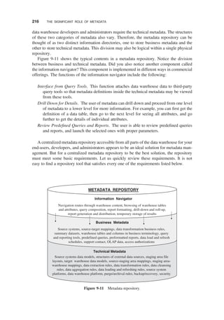 data warehouse developers and administrators require the technical metadata. The structures
of these two categories of metadata also vary. Therefore, the metadata repository can be
thought of as two distinct information directories, one to store business metadata and the
other to store technical metadata. This division may also be logical within a single physical
repository.
Figure 9-11 shows the typical contents in a metadata repository. Notice the division
between business and technical metadata. Did you also notice another component called
the information navigator? This component is implemented in different ways in commercial
offerings. The functions of the information navigator include the following:
Interface from Query Tools. This function attaches data warehouse data to third-party
query tools so that metadata deﬁnitions inside the technical metadata may be viewed
from these tools.
Drill Down for Details. The user of metadata can drill down and proceed from one level
of metadata to a lower level for more information. For example, you can ﬁrst get the
deﬁnition of a data table, then go to the next level for seeing all attributes, and go
further to get the details of individual attributes.
Review Predeﬁned Queries and Reports. The user is able to review predeﬁned queries
and reports, and launch the selected ones with proper parameters.
A centralized metadata repository accessible from all parts of the data warehouse for your
end-users, developers, and administrators appears to be an ideal solution for metadata man-
agement. But for a centralized metadata repository to be the best solution, the repository
must meet some basic requirements. Let us quickly review these requirements. It is not
easy to ﬁnd a repository tool that satisﬁes every one of the requirements listed below.
METADATA REPOSITORY
Information Navigator
Technical Metadata
Business Metadata
Source systems data models, structures of external data sources, staging area file
layouts, target warehouse data models, source-staging area mappings, staging area-
warehouse mappings, data extraction rules, data transformation rules, data cleansing
rules, data aggregation rules, data loading and refreshing rules, source system
platforms, data warehouse platform, purge/archival rules, backup/recovery, security
Source systems, source-target mappings, data transformation business rules,
summary datasets, warehouse tables and columns in business terminology, query
and reporting tools, predefined queries, preformatted reports, data load and refresh
schedules, support contact, OLAP data, access authorizations
Navigation routes through warehouse content, browsing of warehouse tables
and attributes, query composition, report formatting, drill-down and roll-up,
report generation and distribution, temporary storage of results
Figure 9-11 Metadata repository.
216 THE SIGNIFICANT ROLE OF METADATA
 