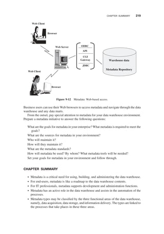 Business users can use their Web browsers to access metadata and navigate through the data
warehouse and any data marts.
From the outset, pay special attention to metadata for your data warehouse environment.
Prepare a metadata initiative to answer the following questions:
What are the goals for metadata in your enterprise? What metadata is required to meet the
goals?
What are the sources for metadata in your environment?
Who will maintain it?
How will they maintain it?
What are the metadata standards?
How will metadata be used? By whom? What metadata tools will be needed?
Set your goals for metadata in your environment and follow through.
CHAPTER SUMMARY
† Metadata is a critical need for using, building, and administering the data warehouse.
† For end-users, metadata is like a roadmap to the data warehouse contents.
† For IT professionals, metadata supports development and administration functions.
† Metadata has an active role in the data warehouse and assists in the automation of the
processes.
† Metadata types may be classiﬁed by the three functional areas of the data warehouse,
namely, data acquisition, data storage, and information delivery. The types are linked to
the processes that take places in these three areas.
Warehouse data
Metadata Repository
Web Client
Web Client
Browser
Browser
Web Server ODBC
JDBC
API
CGI
Gateway
Figure 9-12 Metadata: Web-based access.
CHAPTER SUMMARY 219
 