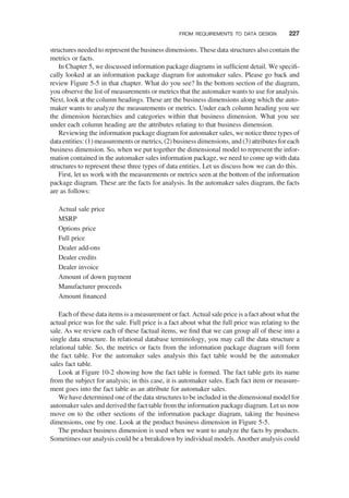structures needed to represent the business dimensions. These data structures also contain the
metrics or facts.
In Chapter 5, we discussed information package diagrams in sufﬁcient detail. We speciﬁ-
cally looked at an information package diagram for automaker sales. Please go back and
review Figure 5-5 in that chapter. What do you see? In the bottom section of the diagram,
you observe the list of measurements or metrics that the automaker wants to use for analysis.
Next, look at the column headings. These are the business dimensions along which the auto-
maker wants to analyze the measurements or metrics. Under each column heading you see
the dimension hierarchies and categories within that business dimension. What you see
under each column heading are the attributes relating to that business dimension.
Reviewing the information package diagram for automaker sales, we notice three types of
data entities: (1) measurements or metrics, (2) business dimensions, and (3) attributes foreach
business dimension. So, when we put together the dimensional model to represent the infor-
mation contained in the automaker sales information package, we need to come up with data
structures to represent these three types of data entities. Let us discuss how we can do this.
First, let us work with the measurements or metrics seen at the bottom of the information
package diagram. These are the facts for analysis. In the automaker sales diagram, the facts
are as follows:
Actual sale price
MSRP
Options price
Full price
Dealer add-ons
Dealer credits
Dealer invoice
Amount of down payment
Manufacturer proceeds
Amount ﬁnanced
Each of these data items is a measurement or fact. Actual sale price is a fact about what the
actual price was for the sale. Full price is a fact about what the full price was relating to the
sale. As we review each of these factual items, we ﬁnd that we can group all of these into a
single data structure. In relational database terminology, you may call the data structure a
relational table. So, the metrics or facts from the information package diagram will form
the fact table. For the automaker sales analysis this fact table would be the automaker
sales fact table.
Look at Figure 10-2 showing how the fact table is formed. The fact table gets its name
from the subject for analysis; in this case, it is automaker sales. Each fact item or measure-
ment goes into the fact table as an attribute for automaker sales.
We have determined one of the data structures to be included in the dimensional model for
automaker sales and derived the fact table from the information package diagram. Let us now
move on to the other sections of the information package diagram, taking the business
dimensions, one by one. Look at the product business dimension in Figure 5-5.
The product business dimension is used when we want to analyze the facts by products.
Sometimes our analysis could be a breakdown by individual models. Another analysis could
FROM REQUIREMENTS TO DATA DESIGN 227
 