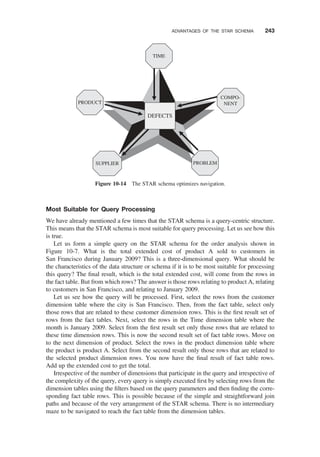 Most Suitable for Query Processing
We have already mentioned a few times that the STAR schema is a query-centric structure.
This means that the STAR schema is most suitable for query processing. Let us see how this
is true.
Let us form a simple query on the STAR schema for the order analysis shown in
Figure 10-7. What is the total extended cost of product A sold to customers in
San Francisco during January 2009? This is a three-dimensional query. What should be
the characteristics of the data structure or schema if it is to be most suitable for processing
this query? The ﬁnal result, which is the total extended cost, will come from the rows in
the fact table. But from which rows? The answer is those rows relating to product A, relating
to customers in San Francisco, and relating to January 2009.
Let us see how the query will be processed. First, select the rows from the customer
dimension table where the city is San Francisco. Then, from the fact table, select only
those rows that are related to these customer dimension rows. This is the ﬁrst result set of
rows from the fact tables. Next, select the rows in the Time dimension table where the
month is January 2009. Select from the ﬁrst result set only those rows that are related to
these time dimension rows. This is now the second result set of fact table rows. Move on
to the next dimension of product. Select the rows in the product dimension table where
the product is product A. Select from the second result only those rows that are related to
the selected product dimension rows. You now have the ﬁnal result of fact table rows.
Add up the extended cost to get the total.
Irrespective of the number of dimensions that participate in the query and irrespective of
the complexity of the query, every query is simply executed ﬁrst by selecting rows from the
dimension tables using the ﬁlters based on the query parameters and then ﬁnding the corre-
sponding fact table rows. This is possible because of the simple and straightforward join
paths and because of the very arrangement of the STAR schema. There is no intermediary
maze to be navigated to reach the fact table from the dimension tables.
DEFECTS
PROBLEM
COMPO-
NENT
TIME
PRODUCT
SUPPLIER
Figure 10-14 The STAR schema optimizes navigation.
ADVANTAGES OF THE STAR SCHEMA 243
 