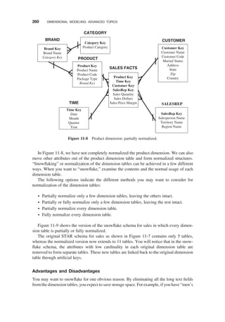 In Figure 11-8, we have not completely normalized the product dimension. We can also
move other attributes out of the product dimension table and form normalized structures.
“Snowﬂaking” or normalization of the dimension tables can be achieved in a few different
ways. When you want to “snowﬂake,” examine the contents and the normal usage of each
dimension table.
The following options indicate the different methods you may want to consider for
normalization of the dimension tables:
† Partially normalize only a few dimension tables, leaving the others intact.
† Partially or fully normalize only a few dimension tables, leaving the rest intact.
† Partially normalize every dimension table.
† Fully normalize every dimension table.
Figure 11-9 shows the version of the snowﬂake schema for sales in which every dimen-
sion table is partially or fully normalized.
The original STAR schema for sales as shown in Figure 11-7 contains only 5 tables,
whereas the normalized version now extends to 11 tables. You will notice that in the snow-
ﬂake schema, the attributes with low cardinality in each original dimension table are
removed to form separate tables. These new tables are linked back to the original dimension
table through artiﬁcial keys.
Advantages and Disadvantages
You may want to snowﬂake for one obvious reason. By eliminating all the long text ﬁelds
from the dimension tables, you expect to save storage space. For example, if you have “men’s
Product Key
Time Key
Customer Key
SalesRep Key
Sales Quantity
Sales Dollars
Sales Price Margin
SALES FACTS
CUSTOMER
SALESREP
PRODUCT
TIME
Customer Key
Customer Name
Customer Code
Marital Status
Address
State
Zip
Country
SalesRep Key
Salesperson Name
Territory Name
Region Name
Time Key
Date
Month
Quarter
Year
Product Key
Product Name
Product Code
Package Type
Brand Key
CATEGORY
Brand Key
Brand Name
Category Key
Category Key
Product Category
BRAND
Figure 11-8 Product dimension: partially normalized.
260 DIMENSIONAL MODELING: ADVANCED TOPICS
 