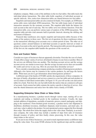 telephone company. Make a note of the attributes in the two fact tables. One table tracks the
individual phone transactions. The other table holds snapshots of individual accounts at
speciﬁc intervals. Also, notice how dimension tables are shared between two fact tables.
Snapshots and transaction tables are also common for banks. For example, an ATM trans-
action table stores individual ATM transactions. This fact table keeps track of individual
transaction amounts for the customer accounts. The snapshot table holds the balance for
each account at the end of each day. The two tables serve two distinct functions. From the
transaction table, you can perform various types of analysis of the ATM transactions. The
snapshot table provides total amounts held at periodic intervals showing the shifting and
movement of balances.
Financial data warehouses also require snapshot and transaction tables because of the
nature of the analysis in these cases. The ﬁrst set of questions for these warehouses relates
to the transactions affecting given accounts over a certain period of time. The other set of
questions centers around balances in individual accounts at speciﬁc intervals or totals of
groups of accounts at the end of speciﬁc periods. The transaction table answers the questions
of the ﬁrst set; the snapshot table handles the questions of the second set.
Core and Custom Tables
Consider two types of businesses that are apparently dissimilar. First take the case of a bank.
A bank offers a large variety of services all related to ﬁnance in one form or another. Most of
the services are different from one another. The checking account service and the savings
account service are similar in most ways. But the savings account service does not resemble
the credit card service in any way. How do you track these dissimilar services?
Next, consider a manufacturing company producing a number of heterogeneous products.
Although a few factors may be common to the various products, by and large the factors
differ. What must you do to get information about heterogeneous products?
A different type of the family of STARS satisﬁes the requirements of these companies. In
this type of family, all products and services connect to a core fact table and each product or
service relates to individual custom tables. In Figure 11-18, you will see the core and custom
tables for a bank. Note how the core fact table holds the metrics that are common to all types
of accounts. Each custom fact table contains the metrics speciﬁc to that line of service. Also
note the shared dimension and notice how the tables form a family of STARS.
Supporting Enterprise Value Chain or Value Circle
In a manufacturing business, a product travels through various steps, starting off as raw
materials and ending as ﬁnished goods in the warehouse inventory. Usually, the steps
include addition of ingredients, assembly of materials, process control, packaging, and ship-
ping to the warehouse. From ﬁnished goods inventory, a product moves into shipments to
distributor, distributor inventory, distributor shipment, retail inventory, and retail sales. At
each step, value is added to the product. Several operational systems support the ﬂow through
these steps. The whole ﬂow forms the supply chain or the value chain. Similarly, in an insur-
ance company, the value chain may include a number of steps from sales of insurance
through issuance of policy and then ﬁnally claims processing. In this case, the value
chain relates to the service.
If you are in one of these businesses, you need to track important metrics at different steps
along the value chain. You create STAR schemas for the signiﬁcant steps and the complete
274 DIMENSIONAL MODELING: ADVANCED TOPICS
 