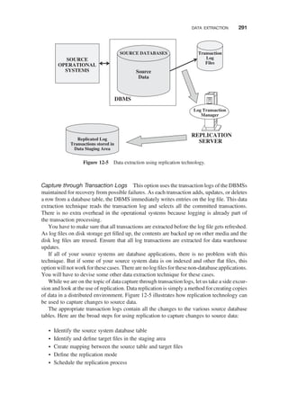 Capture through Transaction Logs This option uses the transaction logs of the DBMSs
maintained for recovery from possible failures. As each transaction adds, updates, or deletes
a row from a database table, the DBMS immediately writes entries on the log ﬁle. This data
extraction technique reads the transaction log and selects all the committed transactions.
There is no extra overhead in the operational systems because logging is already part of
the transaction processing.
You have to make sure that all transactions are extracted before the log ﬁle gets refreshed.
As log ﬁles on disk storage get ﬁlled up, the contents are backed up on other media and the
disk log ﬁles are reused. Ensure that all log transactions are extracted for data warehouse
updates.
If all of your source systems are database applications, there is no problem with this
technique. But if some of your source system data is on indexed and other ﬂat ﬁles, this
option will not work for these cases. There are no log ﬁles for these non-database applications.
You will have to devise some other data extraction technique for these cases.
While we are on the topic of data capture through transaction logs, let us take a side excur-
sion and look at the use of replication. Data replication is simply a method for creating copies
of data in a distributed environment. Figure 12-5 illustrates how replication technology can
be used to capture changes to source data.
The appropriate transaction logs contain all the changes to the various source database
tables. Here are the broad steps for using replication to capture changes to source data:
† Identify the source system database table
† Identify and deﬁne target ﬁles in the staging area
† Create mapping between the source table and target ﬁles
† Deﬁne the replication mode
† Schedule the replication process
SOURCE DATABASES
SOURCE
OPERATIONAL
SYSTEMS
Transaction
Log
Files
DBMS
REPLICATION
SERVER
Log Transaction
Manager
Replicated Log
Transactions stored in
Data Staging Area
Source
Data
Figure 12-5 Data extraction using replication technology.
DATA EXTRACTION 291
 