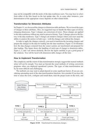 may not be compatible with the needs of the data warehouse users. You may have to select
from either of the ﬁles based on the last update date. Or, in some other instances, your
determination of the appropriate source depends on other related ﬁelds.
Transformation for Dimension Attributes
In Chapter 11, we discussed the changes to dimension table attributes. We reviewed the types
of changes to these attributes. Also, we suggested ways to handle the three types of slowly
changing dimensions. Type 1 changes are corrections of errors. These changes are applied
to the data warehouse without any need to preserve history. Type 2 changes preserve the his-
tory in the data warehouse. Type 3 changes are tentative changes where your users need the
ability to analyze the metrics in both ways—with the changes and without the changes.
ln order to apply the changes correctly, you need to transform the incoming changes and
prepare the changes to the data for loading into the data warehouse. Figure 12-10 illustrates
how the data changes extracted from the source systems are transformed and prepared for
data loading. This ﬁgure shows the handling of each type of change to dimension tables.
Types 1, 2, and 3 are shown distinctly. Review the ﬁgure carefully to get a good grasp of
the solutions. You will be faced with dimension table changes all the time.
How to Implement Transformation
The complexity and the extent of data transformation strongly suggest that manual methods
alone will not be enough. You must go beyond the usual methods of writing conversion
programs when you deployed operational systems. The types of data transformation are
by far more difﬁcult and challenging.
The methods you may want to adopt depend on some signiﬁcant factors. If you are con-
sidering automating most of the data transformation functions, ﬁrst consider if you have the
time to select the tools, conﬁgure and install them, train the project team on the tools, and
Source System
data changes
for dimensions
Perform data transformation
functions
TYPE 1 TYPE 2 TYPE 3
Convert production key to
existing surrogate key
Perform data cleansing
functions
Consolidate and integrate
data
Determine type of dimension
change
Convert production key to
new surrogate key
Convert production key to
existing surrogate key
Create
load image
Create
load image
Create load image
(include effective date)
Figure 12-10 Transformed for dimension changes.
DATA TRANSFORMATION 301
 