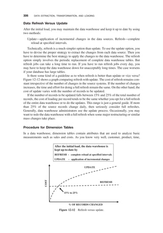 Data Refresh Versus Update
After the initial load, you may maintain the data warehouse and keep it up to date by using
two methods:
Update—application of incremental changes in the data sources. Refresh—complete
reload at speciﬁed intervals.
Technically, refresh is a much simpler option than update. To use the update option, you
have to devise the proper strategy to extract the changes from each data source. Then you
have to determine the best strategy to apply the changes to the data warehouse. The refresh
option simply involves the periodic replacement of complete data warehouse tables. But
refresh jobs can take a long time to run. If you have to run refresh jobs every day, you
may have to keep the data warehouse down for unacceptably long times. The case worsens
if your database has large tables.
Is there some kind of a guideline as to when refresh is better than update or vice versa?
Figure 12-12 shows a graph comparing refresh with update. The cost of refresh remains con-
stant irrespective of the number of changes in the source systems. If the number of changes
increases, the time and effort for doing a full refresh remain the same. On the other hand, the
cost of update varies with the number of records to be updated.
If the number of records to be updated falls between 15% and 25% of the total number of
records, the cost of loading per record tends to be the same whether you opt for a full refresh
of the entire data warehouse or to do the updates. This range is just a general guide. If more
than 25% of the source records change daily, then seriously consider full refreshes.
Generally, data warehouse administrators use the update process. Occasionally, you may
want to redo the data warehouse with a full refresh when some major restructuring or similar
mass changes take place.
Procedure for Dimension Tables
In a data warehouse, dimension tables contain attributes that are used to analyze basic
measurements such as sales and costs. As you know very well, customer, product, time,
UPDATE
REFRESH
% OF RECORDS CHANGED
COST
15% to 25%
After the initial load, the data warehouse is
kept up-to-date by
REFRESH - complete reload at specified intervals
UPDATE - application of incremental changes
Figure 12-12 Refresh versus update.
306 DATA EXTRACTION, TRANSFORMATION, AND LOADING
 