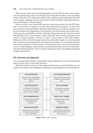 When you use vendor tools for performing part or all of the ETL functions, most of these
tools record and manage their own metadata. Even though the metadata is in the proprietary
formats of the tools, it is usable and available. ETL metadata contains information about the
source systems, mappings between source data and data warehouse target data structures,
data transformations, and data loading.
But as you know, your selected tools may not exclusively perform all of the ETL func-
tions. You will have to augment your ETL effort with in-house programs. In each of the
data extraction, data transformation, and data loading functions, you may use programs writ-
ten by the project team. Depending on the situation in your environment, these in-house pro-
grams may vary considerably in number. Although in-house programs give you more control
and ﬂexibility, there is one drawback. Unlike using ETL tools, in-house programs do not
record or manage metadata. You have to make a special effort to deal with metadata.
Although we have reviewed metadata extensively in the earlier chapter, we want to reiterate
that you need to pay special attention and ensure that metadata is not overlooked when you
use in-house programs for ETL functions. All the business rules, source data information,
source-to-target mappings, transformation, and loading information must be recorded manu-
ally in the metadata directory. This is extremely important to make your metadata component
complete and accurate.
ETL Summary and Approach
Let us summarize the functions covered in this chapter with Figure 12-14. Look at the ﬁgure
and do a quick review of the major functions.
What do you think of the size of this chapter and the topics covered? If nothing else, the
length of the chapter alone highlights the importance and complexity of the data extraction,
DATA EXTRACTION
Extraction from heterogeneous
source systems and outside
sources.
DATA TRANSFORMATION
Conversion and restructuring
according to transformation
rules.
DATA INTEGRATION
Combining all related data
from various sources based on
source-to-target mapping.
DATA SUMMARIZATION
Creating aggregate datasets
based on predefined
procedures.
METADATA UPDATES
Maintain and use metadata for
Extraction, Transformation,
and Load functions.
DATA CLEANSING
Scrubbing and enriching
according to cleansing
rules.
INITIAL DATA LOADING
Apply initial data in large
volumes to the
warehouse.
ONGOING LOADING
Apply ongoing incremental
loads and periodic refreshes to
the warehouse.
Figure 12-14 ETL summary.
310 DATA EXTRACTION, TRANSFORMATION, AND LOADING
 