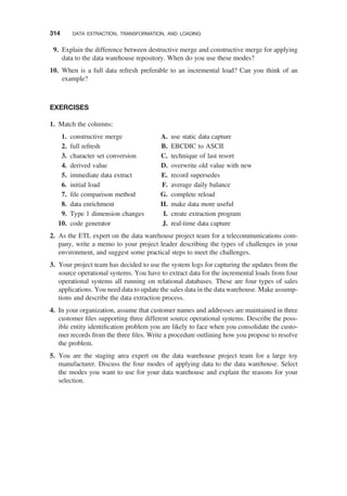 9. Explain the difference between destructive merge and constructive merge for applying
data to the data warehouse repository. When do you use these modes?
10. When is a full data refresh preferable to an incremental load? Can you think of an
example?
EXERCISES
1. Match the columns:
1. constructive merge
2. full refresh
3. character set conversion
4. derived value
5. immediate data extract
6. initial load
7. ﬁle comparison method
8. data enrichment
9. Type 1 dimension changes
10. code generator
A. use static data capture
B. EBCDIC to ASCII
C. technique of last resort
D. overwrite old value with new
E. record supersedes
F. average daily balance
G. complete reload
H. make data more useful
I. create extraction program
J. real-time data capture
2. As the ETL expert on the data warehouse project team for a telecommunications com-
pany, write a memo to your project leader describing the types of challenges in your
environment, and suggest some practical steps to meet the challenges.
3. Your project team has decided to use the system logs for capturing the updates from the
source operational systems. You have to extract data for the incremental loads from four
operational systems all running on relational databases. These are four types of sales
applications. You need data to update the sales data in the data warehouse. Make assump-
tions and describe the data extraction process.
4. In your organization, assume that customer names and addresses are maintained in three
customer ﬁles supporting three different source operational systems. Describe the poss-
ible entity identiﬁcation problem you are likely to face when you consolidate the custo-
mer records from the three ﬁles. Write a procedure outlining how you propose to resolve
the problem.
5. You are the staging area expert on the data warehouse project team for a large toy
manufacturer. Discuss the four modes of applying data to the data warehouse. Select
the modes you want to use for your data warehouse and explain the reasons for your
selection.
314 DATA EXTRACTION, TRANSFORMATION, AND LOADING
 