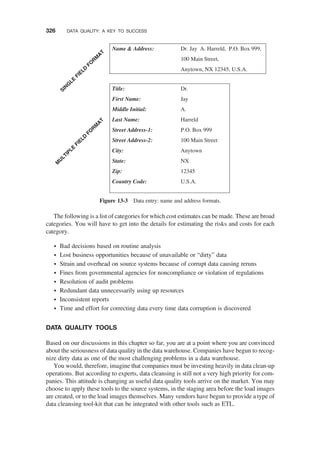 The following is a list of categories for which cost estimates can be made. These are broad
categories. You will have to get into the details for estimating the risks and costs for each
category.
† Bad decisions based on routine analysis
† Lost business opportunities because of unavailable or “dirty” data
† Strain and overhead on source systems because of corrupt data causing reruns
† Fines from governmental agencies for noncompliance or violation of regulations
† Resolution of audit problems
† Redundant data unnecessarily using up resources
† Inconsistent reports
† Time and effort for correcting data every time data corruption is discovered
DATA QUALITY TOOLS
Based on our discussions in this chapter so far, you are at a point where you are convinced
about the seriousness of data quality in the data warehouse. Companies have begun to recog-
nize dirty data as one of the most challenging problems in a data warehouse.
You would, therefore, imagine that companies must be investing heavily in data clean-up
operations. But according to experts, data cleansing is still not a very high priority for com-
panies. This attitude is changing as useful data quality tools arrive on the market. You may
choose to apply these tools to the source systems, in the staging area before the load images
are created, or to the load images themselves. Many vendors have begun to provide a type of
data cleansing tool-kit that can be integrated with other tools such as ETL.
Name  Address: Dr. Jay A. Harreld, P.O. Box 999,
100 Main Street,
Anytown, NX 12345, U.S.A.
Title: Dr.
First Name: Jay
Middle Initial: A.
Last Name: Harreld
Street Address-1: P.O. Box 999
Street Address-2: 100 Main Street
City: Anytown
State: NX
Zip: 12345
Country Code: U.S.A.
SING
LE
FIELD
FO
RM
AT
M
U
LTIPLE
FIELD
FO
R
M
A
T
Figure 13-3 Data entry: name and address formats.
326 DATA QUALITY: A KEY TO SUCCESS
 
