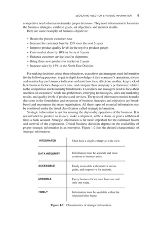 competitive need information to make proper decisions. They need information to formulate
the business strategies, establish goals, set objectives, and monitor results.
Here are some examples of business objectives:
† Retain the present customer base
† Increase the customer base by 15% over the next 5 years
† Improve product quality levels in the top ﬁve product groups
† Gain market share by 10% in the next 3 years
† Enhance customer service level in shipments
† Bring three new products to market in 2 years
† Increase sales by 15% in the North East Division
For making decisions about these objectives, executives and managers need information
for the following purposes: to get in-depth knowledge of their company’s operations, review
and monitor key performance indicators and note how these affect one another, keep track of
how business factors change over time, and compare their company’s performance relative
to the competition and to industry benchmarks. Executives and managers need to focus their
attention on customers’ needs and preferences, emerging technologies, sales and marketing
results, and quality levels of products and services. The types of information needed to make
decisions in the formulation and execution of business strategies and objectives are broad-
based and encompass the entire organization. All these types of essential information may
be combined under the broad classiﬁcation called strategic information.
Strategic information is not for running the day-to-day operations of the business. It is
not intended to produce an invoice, make a shipment, settle a claim, or post a withdrawal
from a bank account. Strategic information is far more important for the continued health
and survival of the corporation. Critical business decisions depend on the availability of
proper strategic information in an enterprise. Figure 1-2 lists the desired characteristics of
strategic information.
INTEGRATED
DATA INTEGRITY
ACCESSIBLE
CREDIBLE
TIMELY
Must have a single, enterprise-wide view.
Information must be accurate and must
conform to business rules.
Easily accessible with intuitive access
paths, and responsive for analysis.
Every business factor must have one and
only one value.
Information must be available within the
stipulated time frame.
Figure 1-2 Characteristics of strategic information.
ESCALATING NEED FOR STRATEGIC INFORMATION 5
 