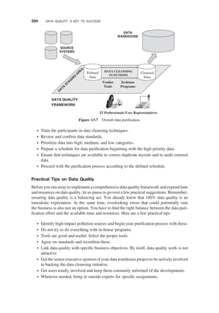 † Train the participants in data cleansing techniques.
† Review and conﬁrm data standards.
† Prioritize data into high, medium, and low categories.
† Prepare a schedule for data puriﬁcation beginning with the high priority data.
† Ensure that techniques are available to correct duplicate records and to audit external
data.
† Proceed with the puriﬁcation process according to the deﬁned schedule.
Practical Tips on Data Quality
Before you run away to implement a comprehensive data quality framework and expend time
and resources on data quality, let us pause to go over a few practical suggestions. Remember,
ensuring data quality is a balancing act. You already know that 100% data quality is an
unrealistic expectation. At the same time, overlooking errors that could potentially ruin
the business is also not an option. You have to ﬁnd the right balance between the data puri-
ﬁcation effort and the available time and resources. Here are a few practical tips:
† Identify high-impact pollution sources and begin your puriﬁcation process with these.
† Do not try to do everything with in-house programs.
† Tools are good and useful. Select the proper tools.
† Agree on standards and reconﬁrm these.
† Link data quality with speciﬁc business objectives. By itself, data quality work is not
attractive.
† Get the senior executive sponsor of your data warehouse project to be actively involved
in backing the data cleansing initiative.
† Get users totally involved and keep them constantly informed of the developments.
† Wherever needed, bring in outside experts for speciﬁc assignments.
SOURCE
SYSTEMS
DATA
WAREHOUSE
DATA
STAG
ING
AREA
Cleansed
Data
Polluted
Data
DATA CLEANSING
FUNCTIONS
Vendor
Tools
In-house
Programs
DATA QUALITY
FRAMEWORK
IT Professionals/User Representatives
Figure 13-7 Overall data puriﬁcation.
334 DATA QUALITY: A KEY TO SUCCESS
 