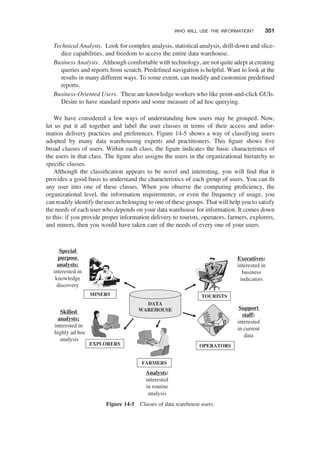 Technical Analysts. Look for complex analysis, statistical analysis, drill-down and slice-
dice capabilities, and freedom to access the entire data warehouse.
Business Analysts. Although comfortable with technology, are not quite adept at creating
queries and reports from scratch. Predeﬁned navigation is helpful. Want to look at the
results in many different ways. To some extent, can modify and customize predeﬁned
reports.
Business-Oriented Users. These are knowledge workers who like point-and-click GUIs.
Desire to have standard reports and some measure of ad hoc querying.
We have considered a few ways of understanding how users may be grouped. Now,
let us put it all together and label the user classes in terms of their access and infor-
mation delivery practices and preferences. Figure 14-5 shows a way of classifying users
adopted by many data warehousing experts and practitioners. This ﬁgure shows ﬁve
broad classes of users. Within each class, the ﬁgure indicates the basic characteristics of
the users in that class. The ﬁgure also assigns the users in the organizational hierarchy to
speciﬁc classes.
Although the classiﬁcation appears to be novel and interesting, you will ﬁnd that it
provides a good basis to understand the characteristics of each group of users. You can ﬁt
any user into one of these classes. When you observe the computing proﬁciency, the
organizational level, the information requirements, or even the frequency of usage, you
can readily identify the user as belonging to one of these groups. That will help you to satisfy
the needs of each user who depends on your data warehouse for information. It comes down
to this: if you provide proper information delivery to tourists, operators, farmers, explorers,
and miners, then you would have taken care of the needs of every one of your users.
FARMERS
EXPLORERS OPERATORS
MINERS TOURISTS
DATA
WAREHOUSE
Executives:
interested in
business
indicators
Support
staff:
interested
in current
data
Analysts:
interested
in routine
analysis
Skilled
analysts:
interested in
highly ad hoc
analysis
Special
purpose
analysts:
interested in
knowledge
discovery
Figure 14-5 Classes of data warehouse users.
WHO WILL USE THE INFORMATION? 351
 