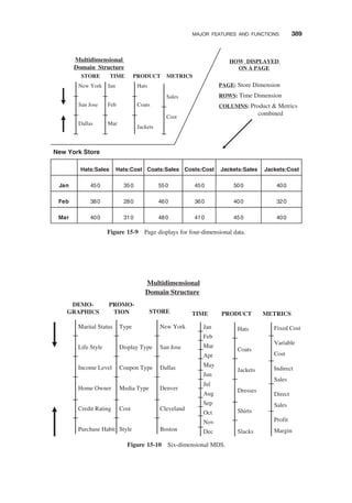 TIME
Sales
Cost
METRICS
PRODUCT
Multidimensional
Domain Structure
New York
San Jose
Dallas
STORE
Jan
Feb
Mar
Hats
Coats
Jackets
PAGE: Store Dimension
ROWS: Time Dimension
COLUMNS: Product  Metrics
combined
HOW DISPLAYED
ON A PAGE
New York Store
Hats:Sales Hats:Cost Coats:Sales Costs:Cost Jackets:Sales Jackets:Cost
Jan 450 350 550 450 500 400
Feb
Mar
380 280 460 360 400 320
400 310 480 410 450 400
Figure 15-9 Page displays for four-dimensional data.
Jan
Feb
Mar
Apr
May
Jun
Jul
Aug
Sep
Oct
Nov
Dec
TIME
Fixed Cost
Variable
Cost
Indirect
Sales
Direct
Sales
Profit
Margin
METRICS
Hats
Coats
Jackets
Dresses
Shirts
Slacks
PRODUCT
Multidimensional
Domain Structure
Marital Status
Life Style
Income Level
Home Owner
Credit Rating
Purchase Habit
DEMO-
GRAPHICS
New York
San Jose
Dallas
Denver
Cleveland
Boston
STORE
Type
Display Type
Coupon Type
Media Type
Cost
Style
PROMO-
TION
Figure 15-10 Six-dimensional MDS.
MAJOR FEATURES AND FUNCTIONS 389
 