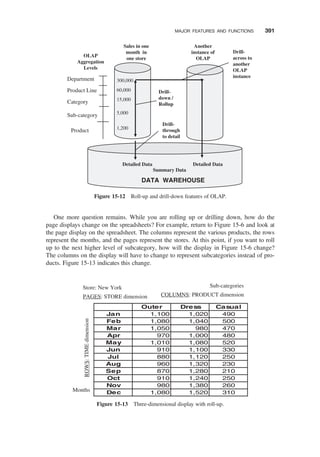 One more question remains. While you are rolling up or drilling down, how do the
page displays change on the spreadsheets? For example, return to Figure 15-6 and look at
the page display on the spreadsheet. The columns represent the various products, the rows
represent the months, and the pages represent the stores. At this point, if you want to roll
up to the next higher level of subcategory, how will the display in Figure 15-6 change?
The columns on the display will have to change to represent subcategories instead of pro-
ducts. Figure 15-13 indicates this change.
DATA WAREHOUSE
Detailed Data Detailed Data
Summary Data
OLAP
Aggregation
Levels
Sales in one
month in
one store
Department
Product Line
Category
Product
Sub-category
300,000
60,000
5,000
15,000
1,200
Another
instance of
OLAP
Drill-
down /
Rollup
Drill-
through
to detail
Drill-
across to
another
OLAP
instance
Figure 15-12 Roll-up and drill-down features of OLAP.
COLUMNS: PRODUCT dimension
Sub-categories
ROWS:
TIME
dimension
Months
Store: New York
PAGES: STORE dimension
Outer Dress Casual
Jan 1,100 1,020 490
Feb 1,080 1,040 500
Mar 1,050 980 470
Apr 970 1,000 480
May 1,010 1,080 520
Jun 910 1,100 330
Jul 880 1,120 250
Aug 960 1,320 230
Sep 870 1,280 210
Oct 910 1,240 250
Nov 980 1,380 260
Dec 1,080 1,520 310
Figure 15-13 Three-dimensional display with roll-up.
MAJOR FEATURES AND FUNCTIONS 391
 
