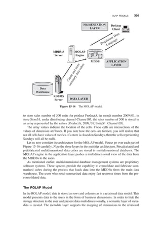 to store sales number of 500 units for product ProductA, in month number 2009/01, in
store StoreS1, under distributing channel Channe105, the sales number of 500 is stored in
an array represented by the values (ProductA, 2009/01, StoreS1. Channe105).
The array values indicate the location of the cells. These cells are intersections of the
values of dimension attributes. If you note how the cells are formed, you will realize that
not all cells have values of metrics. If a store is closed on Sundays, then the cells representing
Sundays will all be nulls.
Let us now consider the architecture for the MOLAP model. Please go over each part of
Figure 15-16 carefully. Note the three layers in the multitier architecture. Precalculated and
prefabricated multidimensional data cubes are stored in multidimensional databases. The
MOLAP engine in the application layer pushes a multidimensional view of the data from
the MDDBs to the users.
As mentioned earlier, multidimensional database management systems are proprietary
software systems. These systems provide the capability to consolidate and fabricate sum-
marized cubes during the process that loads data into the MDDBs from the main data
warehouse. The users who need summarized data enjoy fast response times from the pre-
consolidated data.
The ROLAP Model
In the ROLAP model, data is stored as rows and columns as in a relational data model. This
model presents data to the users in the form of business dimensions. In order to hide the
storage structure to the user and present data multidimensionally, a semantic layer of meta-
data is created. The metadata layer supports the mapping of dimensions to the relational
MDDB
MOLAP
Engine
Data
Warehouse
RDBMS
Server
MDBMS
Server
C
r
e
a
t
e
a
n
d
s
t
o
r
e
s
u
m
m
a
r
y
d
a
t
a
c
u
b
e
s
Desktop
Client
APPLICATION
LAYER
Proprietary Data
Language
DATA LAYER
PRESENTATION
LAYER
Figure 15-16 The MOLAP model.
OLAP MODELS 395
 