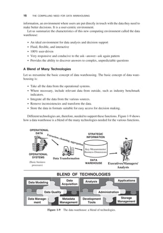 information, an environment where users are put directly in touch with the data they need to
make better decisions. It is a user-centric environment.
Let us summarize the characteristics of this new computing environment called the data
warehouse:
† An ideal environment for data analysis and decision support
† Fluid, ﬂexible, and interactive
† 100% user-driven
† Very responsive and conducive to the ask–answer–ask again pattern
† Provides the ability to discover answers to complex, unpredictable questions
A Blend of Many Technologies
Let us reexamine the basic concept of data warehousing. The basic concept of data ware-
housing is:
† Take all the data from the operational systems.
† Where necessary, include relevant data from outside, such as industry benchmark
indicators.
† Integrate all the data from the various sources.
† Remove inconsistencies and transform the data.
† Store the data in formats suitable for easy access for decision making.
Different technologies are, therefore, needed to support these functions. Figure 1-9 shows
how a data warehouse is a blend of the many technologies needed for the various functions.
OPERATIONAL
SYSTEMS
DATA
WAREHOUSE
Data Transformation
(Basic business
processes)
Extraction, cleansing, aggregation
Key Measurements/
Business Dimensions
Executives/Managers/
Analysts
Data Modeling
Data
Acquisition
Data Quality
Data Manage-
ment
Metadata
Management
Analysis
Administration
Development
Tools
Applications
Storage
Management
BLEND OF TECHNOLOGIES
OPERATIONAL
DATA STRATEGIC
INFORMATION
Figure 1-9 The data warehouse: a blend of technologies.
16 THE COMPELLING NEED FOR DATA WAREHOUSING
 