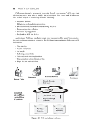 Clickstream data tracks how people proceeded through your company’s Web site, what
triggers purchases, what attracts people, and what makes them come back. Clickstream
data enables analysis of several key measures, including:
† Customer demand
† Effectiveness of marketing promotions
† Effectiveness of afﬁliate relationship among products
† Demographic data collection
† Customer buying patterns
† Feedback on Web site design
A clickstream Webhouse may be the single most important tool for identifying, prioritiz-
ing, and retaining e-commerce customers. The Webhouse can produce the following useful
information:
† Site statistics
† Visitor conversions
† Ad metrics
† Referring partner links
† Site navigation resulting in orders
† Site navigation not resulting in orders
† Pages that are session killers
Warehouse
Repository
Webhouse
Repository
General Public
Customers Business Partners
Employees
Clickstream Data,
Requests through
Extranets
Results through
Extranets
The Web
Simplified
View of Web-
enabled Data
Warehouse
Figure 3-10 Web-enabled data warehouse.
68 TRENDS IN DATA WAREHOUSING
 