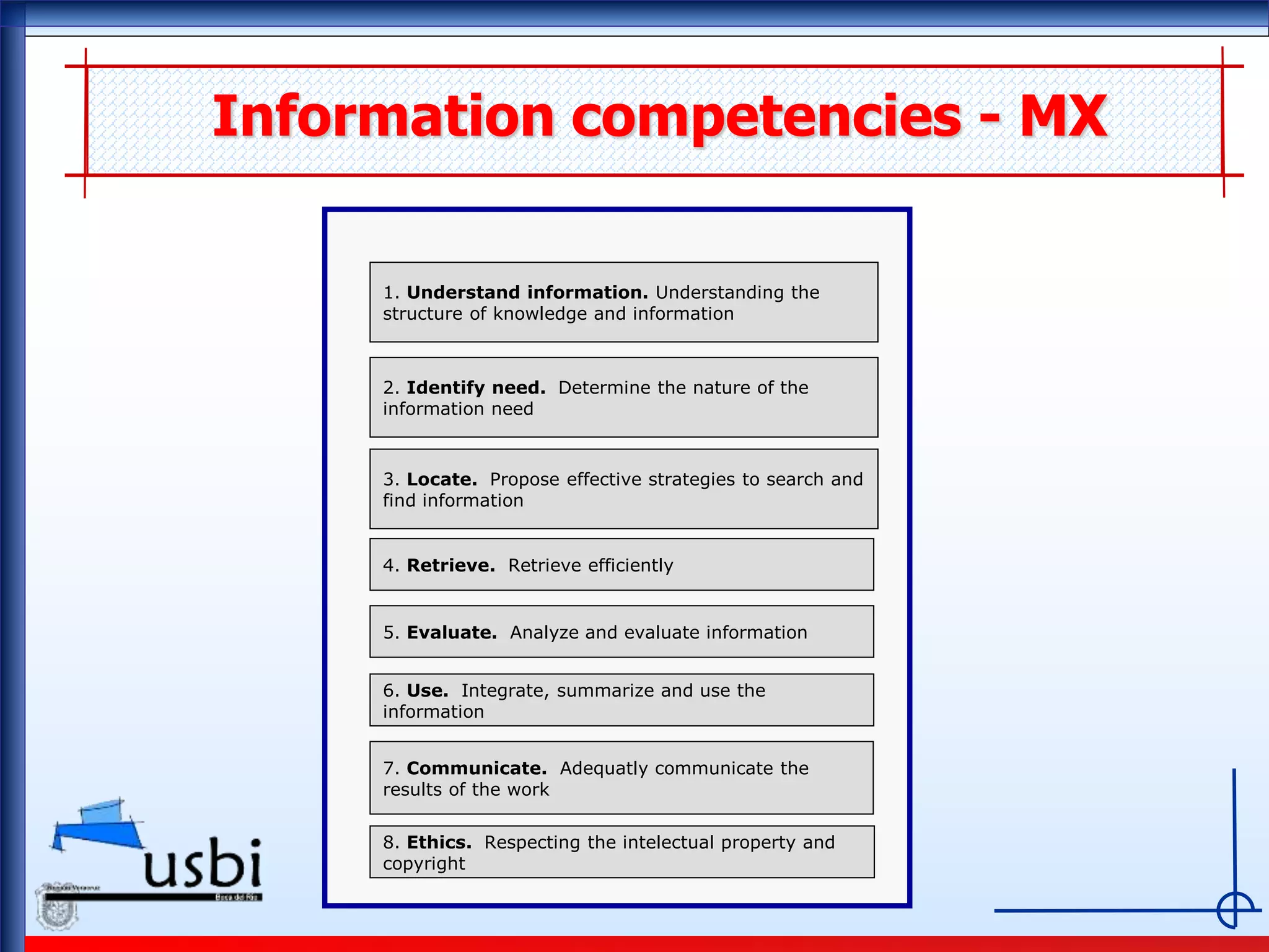 COMPETENCIES
1. Understand information. Understanding the
structure of knowledge and information
2. Identify need. Determine the nature of the
information need
3. Locate. Propose effective strategies to search and
find information
4. Retrieve. Retrieve efficiently
5. Evaluate. Analyze and evaluate information
6. Use. Integrate, summarize and use the
information
7. Communicate. Adequatly communicate the
results of the work
8. Ethics. Respecting the intelectual property and
copyright
Information competencies - MX
 