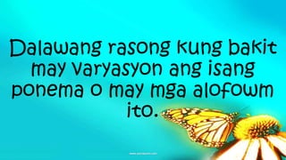 Dalawang rasong kung bakit
may varyasyon ang isang
ponema o may mga alofowm
ito.
 
