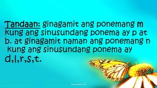Tandaan: ginagamit ang ponemang m
kung ang sinusundang ponema ay p at
b. at ginagamit naman ang ponemang n
kung ang sinusundang ponema ay
d,l,r,s,t.
 