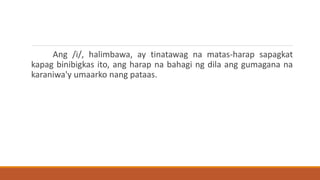 Ang /i/, halimbawa, ay tinatawag na matas-harap sapagkat
kapag binibigkas ito, ang harap na bahagi ng dila ang gumagana na
karaniwa'y umaarko nang pataas.
 