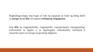 Nagbabagu-bago ang hugis at laki ng espasyo sa loob ng bibig dahil
sa panga at sa dila na kapwa malayang naigagalaw.
Ang dila ay nagpapahaba, nagpapaikli, napapalapad, napapapalag,
naitutukod sa ngipin o sa ngalangala, naikukukob, naililiyad o
naiaarko ayon sa tunog na gustong bigkasin.
 