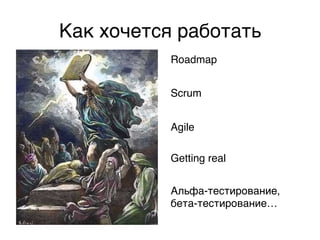 Как хочется работать,
           Roadmap,


           Scrum,


           Agile,

           Getting real,


           Альфа-тестирование,
           бета-тестирование…,
 