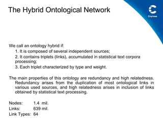 The Hybrid Ontological Network
We call an ontology hybrid if:
1. It is composed of several independent sources;
2. It contains triplets (links), accumulated in statistical text corpora
processing;
3. Each triplet characterized by type and weight.
The main properties of this ontology are redundancy and high relatedness.
Redundancy arises from the duplication of most ontological links in
various used sources, and high relatedness arises in inclusion of links
obtained by statistical text processing.
Nodes: 1.4 mil.
Links: 639 mil.
Link Types: 64
 