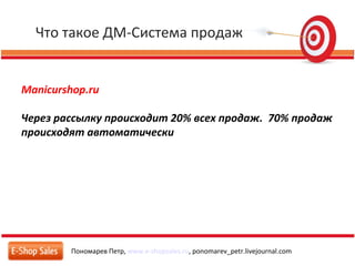 Что такое ДМ-Система продаж
Пономарев Петр, www.e-shopsales.ru, ponomarev_petr.livejournal.com
Manicurshop.ru
Через рассылку происходит 20% всех продаж. 70% продаж
происходят автоматически
 
