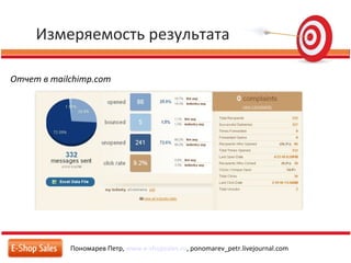 Измеряемость результата
Пономарев Петр, www.e-shopsales.ru, ponomarev_petr.livejournal.com
Отчет в mailchimp.com
 