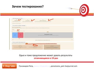 Пономарев Петр, www.e-shopsales.ru, ponomarev_petr.livejournal.com
Зачем тестирование?
Одно и тоже предложение может давать результаты
отличающиеся в 19 раз
 