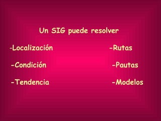 Un SIG puede resolver  - Localización  -Rutas -Condición  -Pautas -Tendencia  -Modelos 