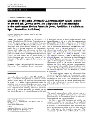 ORIGINAL ARTICLE
X. Pons Æ B. Lumbierres Æ P. Stary´
Expansion of the aphid Myzocallis (Lineomyzocallis) walshii (Monell)
on the red oak Quercus rubra, and adaptation of local parasitoids
in the northeastern Iberian Peninsula (Hom., Aphididae, Calaphidinae;
Hym., Braconidae, Aphidiinae)
Received: 20 January 2005 / Published online: 31 May 2005
Ó Springer-Verlag 2005
Abstract An ongoing expansion of Myzocallis (L.)
walshii (Monell) in the NE Iberian Peninsula was de-
tected. The aphid species was recorded in Catalonia,
Andorra and Navarra. Adaptation of local native par-
asitoids (at least Trioxys pallidus Haliday and T. tenui-
caudus Stary´ ) to the new immigrant was documented,
together with background information on their host
range in the native environments. The detection of
parasitoids of M. walshii is the ﬁrst published evidence in
Europe. The new evidence for M. walshii in the NE
Iberian Peninsula also supports the warning of the
expansion of the aphid as a pest of Quercus rubra over
Europe.
Keywords Aphids Æ Myzocallis walshii Æ Parasitoids Æ
Quercus sp. Æ Trioxys pallidus Æ Trioxys tenuicaudus
Introduction
Myzocallis (Lineomyzocallis) walshii (Monell) (Aphid-
idae, Calaphidinae, Panaphidini) is native to eastern
North America, where it is generally not considered to
be a pest (L. E. Ehler, personal communication). Its
main host is the northern red oak Quercus rubra, which
is also of North American origin but has been planted
for a long time as an originally introduced species in
many parts of Europe. The aphid was detected for the
ﬁrst time in Europe on Q. rubra in France in 1988 and
it was predicted that it would expand to other prov-
inces of France as well as to other European countries
(Remaudie` re 1989). This prediction was ﬁrst veriﬁed
when the aphid was found in other provinces of France
and in Switzerland (Remaudie` re and Quednau 1992).
Patti and Lozzia (1994) and Barbagallo et al. (1995)
observed the aphid in Italy. Mier Durante and Nieto
Nafrı´a (1995) reported its presence in northwestern
Spain. Nieto Nafrı´a et al. (1999) in Belgium, Thieme
and Eggers-Schumacher (2004) in Germany, Ripka
(2004) in Hungary and Havelka et al. (unpublished) in
the Czech Republic also reported the presence of the
aphid in their respective countries. There is also an
unpublished record of M. walshii in Andorra (Mier
Durante and Nieto Nafrı´a, personal communication).
Quercus rubra is cultivated for the wood industry in the
north of the Iberian Peninsula but is also common as
an ornamental (Lo´ pez Lillo and Sa´ nchez de Lorenzo
Ca´ ceres 1999).
The present account presents new information about
the occurrence of the aphid and its associated parasi-
toids in the NE Iberian Peninsula. It contributes to the
knowledge of local fauna, and adaptations of local
parasitoid species to the new exotic aphid immigrants,
and to the exploration of biocontrol agents that are
potentially useful in other areas.
Materials and methods
The research was conducted within a framework of a
general study on aphids, their parasitoids and their
predators living on diﬀerent tree species in urban envi-
ronments in the NE Iberian Peninsula.
In 2004, a noticeable infestation of aphids, pre-
sumably M. walshii, was recorded on Q. rubra planted
as an ornamental tree in avenues in the town of Girona
(Catalonia, SE of the Pyrenees). This infestation pro-
duced aesthetic damage to the trees and disturbance to
the public due to the honeydew excretion. After
detecting the possible future problem of M. walshii in
X. Pons (&) Æ B. Lumbierres
Centre UdL-IRTA, Universitat de Lleida, Rovira Roure 191,
25198 Lleida, Spain
E-mail: xavier.pons@irta.es
P. Stary´
Academy of Sciences of the Czech Republic,
Institute of Entomology, Branisˇ ovska´ 31,
37006 Cˇ eske´ Budeˇ jovice, Czech Republic
J Pest Sci (2006) 79: 17–21
DOI 10.1007/s10340-005-0105-6
 