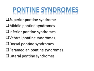 Superior pontine syndrome
Middle pontine syndromes
Inferior pontine syndromes
Ventral pontine syndromes
Dorsal pontine syndromes
Paramedian pontine syndromes
Lateral pontine syndromes
 