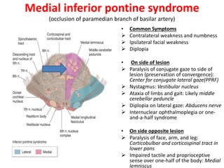 Medial inferior pontine syndrome
(occlusion of paramedian branch of basilar artery)
• Common Symptoms
 Contralateral weakness and numbness
 Ipsilateral facial weakness
 Diplopia
• On side of lesion
 Paralysis of conjugate gaze to side of
lesion (preservation of convergence):
Center for conjugate lateral gaze(PPRF)
 Nystagmus: Vestibular nucleus
 Ataxia of limbs and gait: Likely middle
cerebellar peduncle
 Diplopia on lateral gaze: Abducens nerve
 Internuclear ophthalmoplegia or one-
and-a-half syndrome
• On side opposite lesion
 Paralysis of face, arm, and leg:
Corticobulbar and corticospinal tract in
lower pons
 Impaired tactile and proprioceptive
sense over one-half of the body: Medial
lemniscus
 
