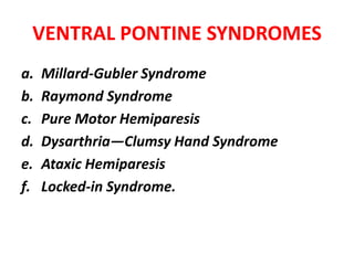 VENTRAL PONTINE SYNDROMES
a. Millard-Gubler Syndrome
b. Raymond Syndrome
c. Pure Motor Hemiparesis
d. Dysarthria—Clumsy Hand Syndrome
e. Ataxic Hemiparesis
f. Locked-in Syndrome.
 
