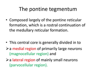 The pontine tegmentum
• Composed largely of the pontine reticular
formation, which is a rostral continuation of
the medullary reticular formation.
• This central core is generally divided in to
a medial region of primarily large neurons
(magnocellular region) and
a lateral region of mainly small neurons
(parvocellular region).
 