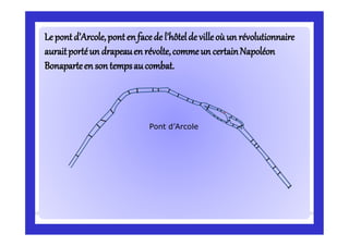 Lepontd’ArcoleLepontd’Arcole,pontenfacede l’hôtelde villeoù un révolutionnaire,pontenfacede l’hôtelde villeoù un révolutionnaire
auraitportéun drapeauen révolte,commeun certainNapoléonauraitportéun drapeauen révolte,commeun certainNapoléon
Bonaparteen sontempsaucombat.Bonaparteen sontempsaucombat.
Pont d’Arcole
 