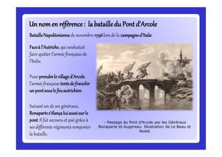 Un nomen référence: la batailledu Pontd’ArcoleUn nomen référence: la batailledu Pontd’Arcole
Faceà l’Autriche,qui souhaitait
faire quitter l’armée française de
l’Italie.
Pour prendrelevillaged’Arcole,
l’arméefrançaise tentedefranchir
unpontsouslefeuautrichien.
Suivant un de ses généraux,
Bonapartes’élançaluiaussisurle
pont.Il fut secouru et put grâce à
ses différents régiments remporter
la bataille.
- Passage du Pont d'Arcole par les Généraux
Bonaparte et Augereau. Illustration de Le Beau et
Nodet
BatailleNapoléoniennede novembre 1796lors de la campagned’Italie
 