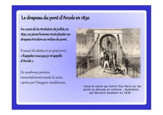 Ledrapeaudu pontd’Arcoleen 1830Ledrapeaudu pontd’Arcoleen 1830
Aucoursdelarévolutiondejuillet,en
1830,unjeunehommevientplanterun
drapeautricoloreaumilieudupont.
Il aurait été abattu et se serait écrié :
« Rappelezvousquejem’appelle
d’Arcole».
De nombreux peintres
immortalisèrentensuite la scène,
reprise par l’imagerierépublicaine.
- Sous le canon qui tonne Tout Paris sur les
ponts se déroule en colonne ; illustration
par Bernard Swebach en 1830 -
 