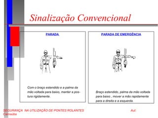 SEGURANÇA NA UTILIZAÇÃO DE PONTES ROLANTES Aut:
Carnaúba
Sinalização Convencional
PARADA
Com o braço estendido e a palma da
mão voltada para baixo, manter a pos-
tura rigidamente.
PARADA DE EMERGÊNCIA
Braço estendido, palma da mão voltada
para baixo , mover a mão rapidamente
para a direita e a esquerda.
 