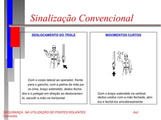 SEGURANÇA NA UTILIZAÇÃO DE PONTES ROLANTES Aut:
Carnaúba
Sinalização Convencional
DESLOCAMENTO DO TROLE
Com o corpo lateral ao operador, frente
para o gancho, com a palma da mão pa-
ra cima, braço estendido, dedos fecha-
dos e o polegar em direção ao deslocamen-
to, sacudir a mão na horizontal.
MOVIMENTOS CURTOS
Com o braço estendido na vertical,
dedos unidos com a mão fechada, abri-
los e fechá-los simultaneamente.
 