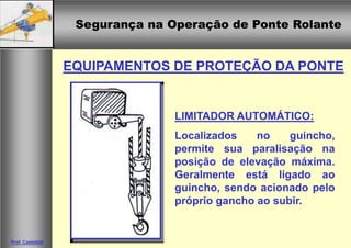 Segurança na Operação de Ponte Rolante
Segurança na Operação de Ponte Rolante
Prof. Casteletti
EQUIPAMENTOS DE PROTEÇÃO DA PONTE
LIMITADOR AUTOMÁTICO:
Localizados no guincho,
permite sua paralisação na
posição de elevação máxima.
Geralmente está ligado ao
guincho, sendo acionado pelo
próprio gancho ao subir.
 