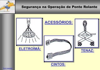 Segurança na Operação de Ponte Rolante
Segurança na Operação de Ponte Rolante
Prof. Casteletti
ACESSÓRIOS:
ELETROÍMÃ: TENAZ:
CINTOS:
 